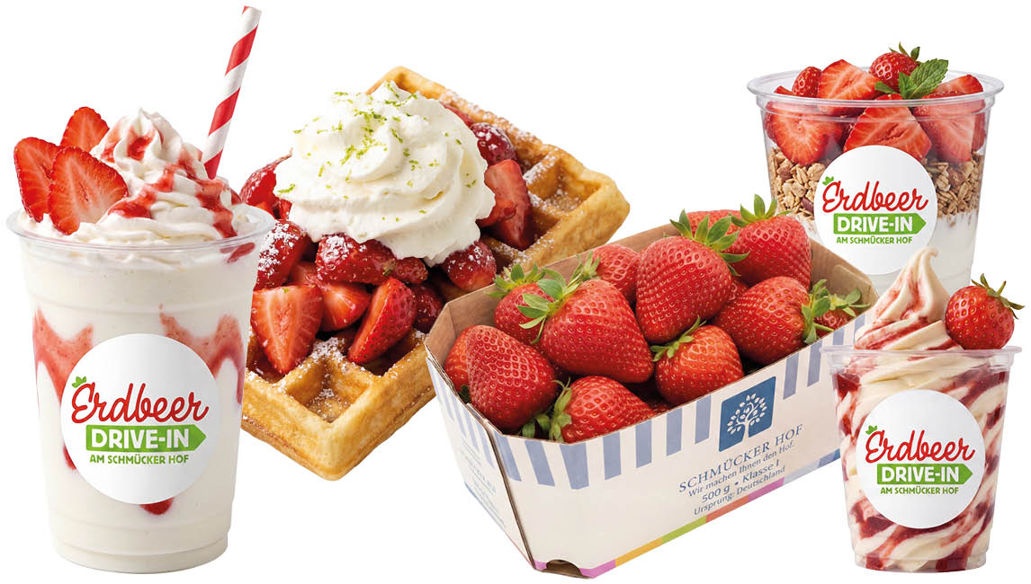Auswahl an Erdbeer-Spezialitäten vom Erdbeer Drive-In am Schmücker Hof: Erdbeer-Milchshake, Erdbeerwaffel mit Sahne, frische Erdbeeren in einer Schale, Erdbeer-Bowl und Erdbeer-Softeis